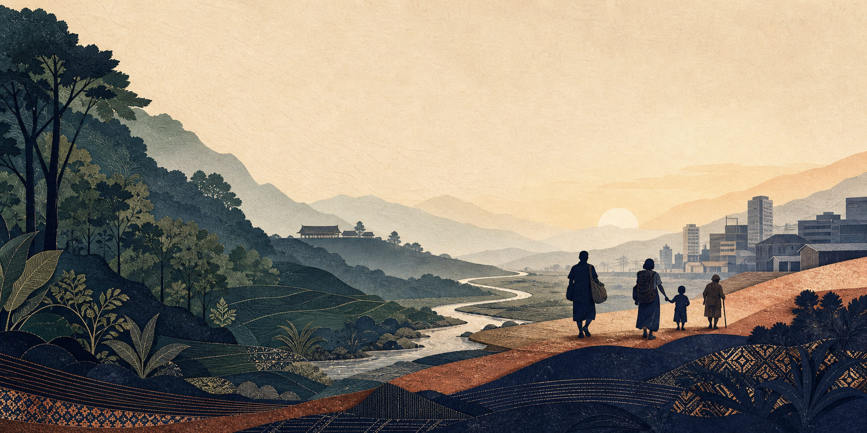 Editorial illustration moving from forested highlands toward an urban landscape, with an anonymous family journeying together